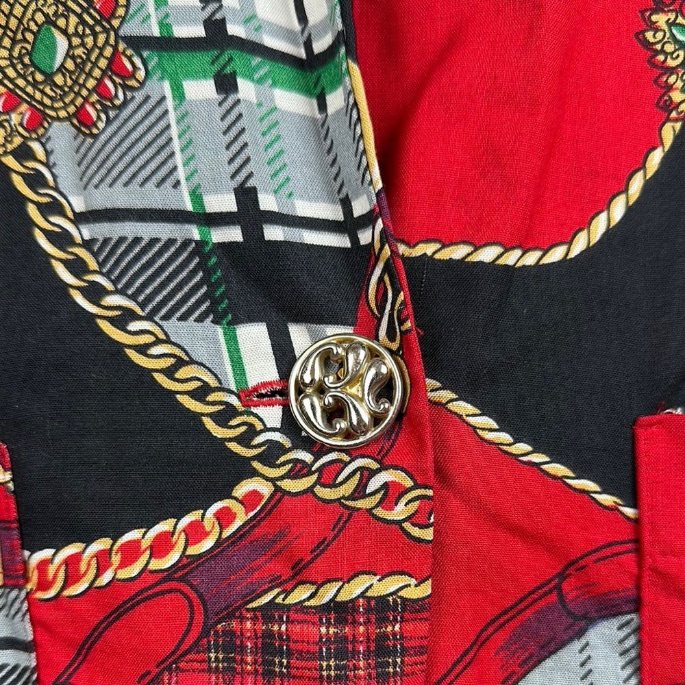 Chauncey Street Women's Casino Blouse Red Black Gold Chain Belt Print Size 12 - Picture 4 of 8